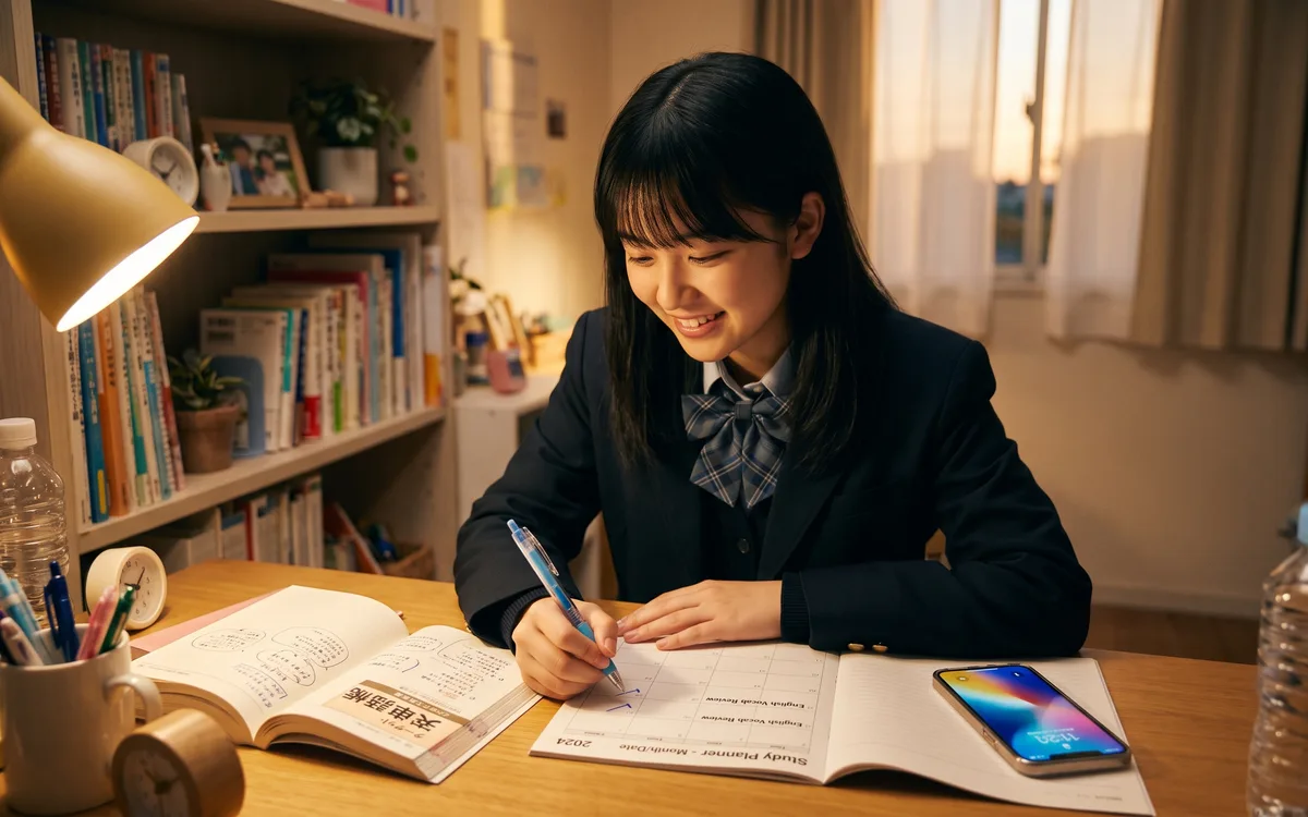 自室でスタディプランナーを書く高校生