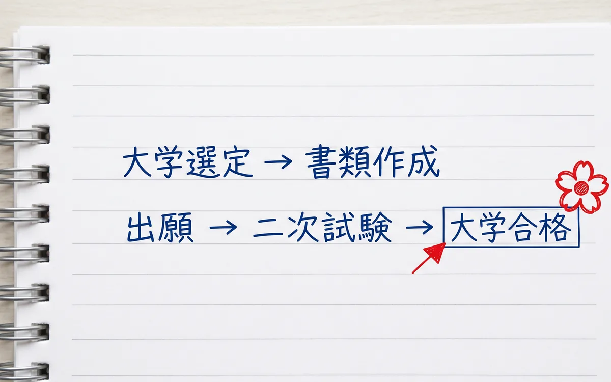 大学選定から書類作成・出願・二次試験・大学合格までの流れ