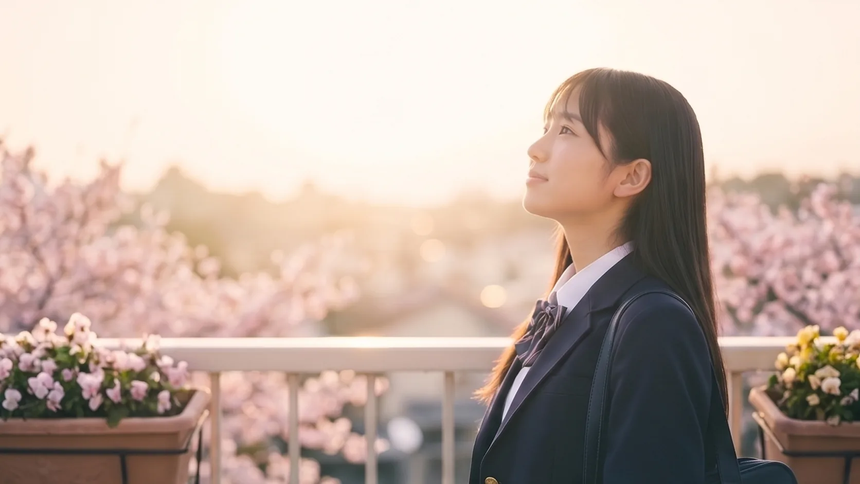 桜を背に空を見上げる制服姿の生徒