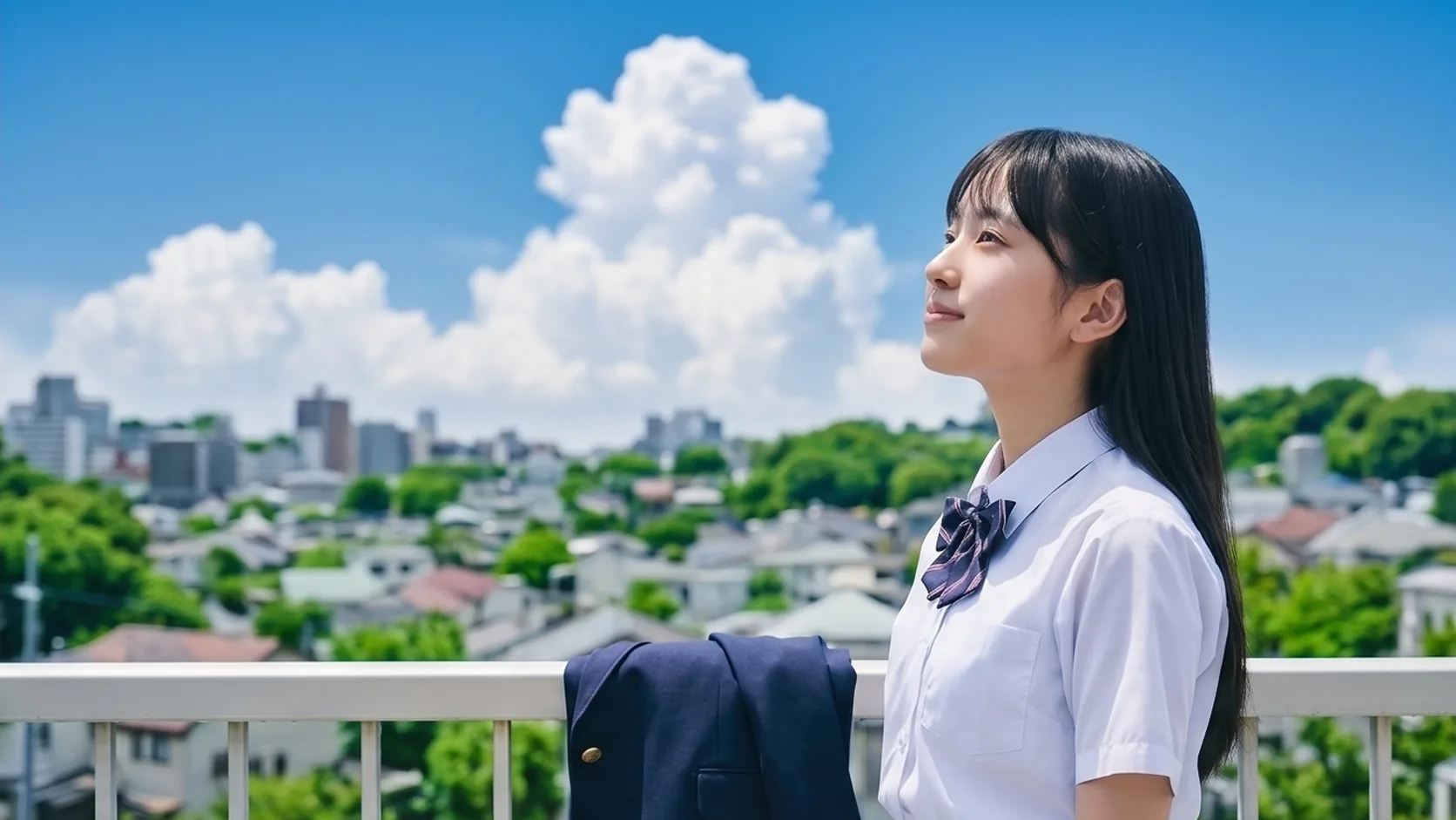 空を見上げる制服姿の生徒